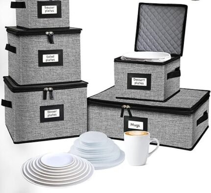 5 PACK China Storage Containers-Quilted Mug Storage and Moving Boxes for Dishes,Dish Packing Supplies for Moving,Dinnerware &Accessories,Holds a total of 48 plates (4 sizes) and 12 cups(Grey)