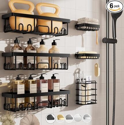 Veken Stainless Steel Shower Caddy 6-Pack, Adhesive Rustproof Shelves Rack with Soap Holder, Large Capacity Bathroom Organizers and Storage, No Drilling Wall-Mounted Kitchen & Home Decor, Bath Decor